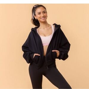 Black Oversized Bomber Hoodie Jacket - Women's Casual Zip-Up